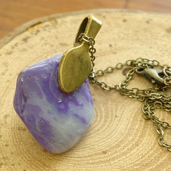 Purple Blue Polished Stone Pendant Necklace on 22 inch Antique Bronze Chain - Picture 5 of 10